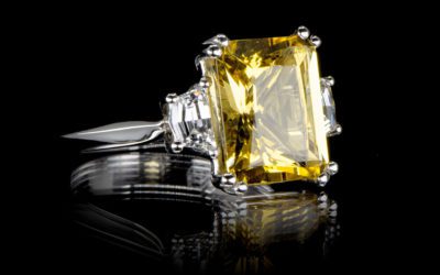Emerald Cut Three Stone Yellow Beryl and Diamond Ring in Platinum