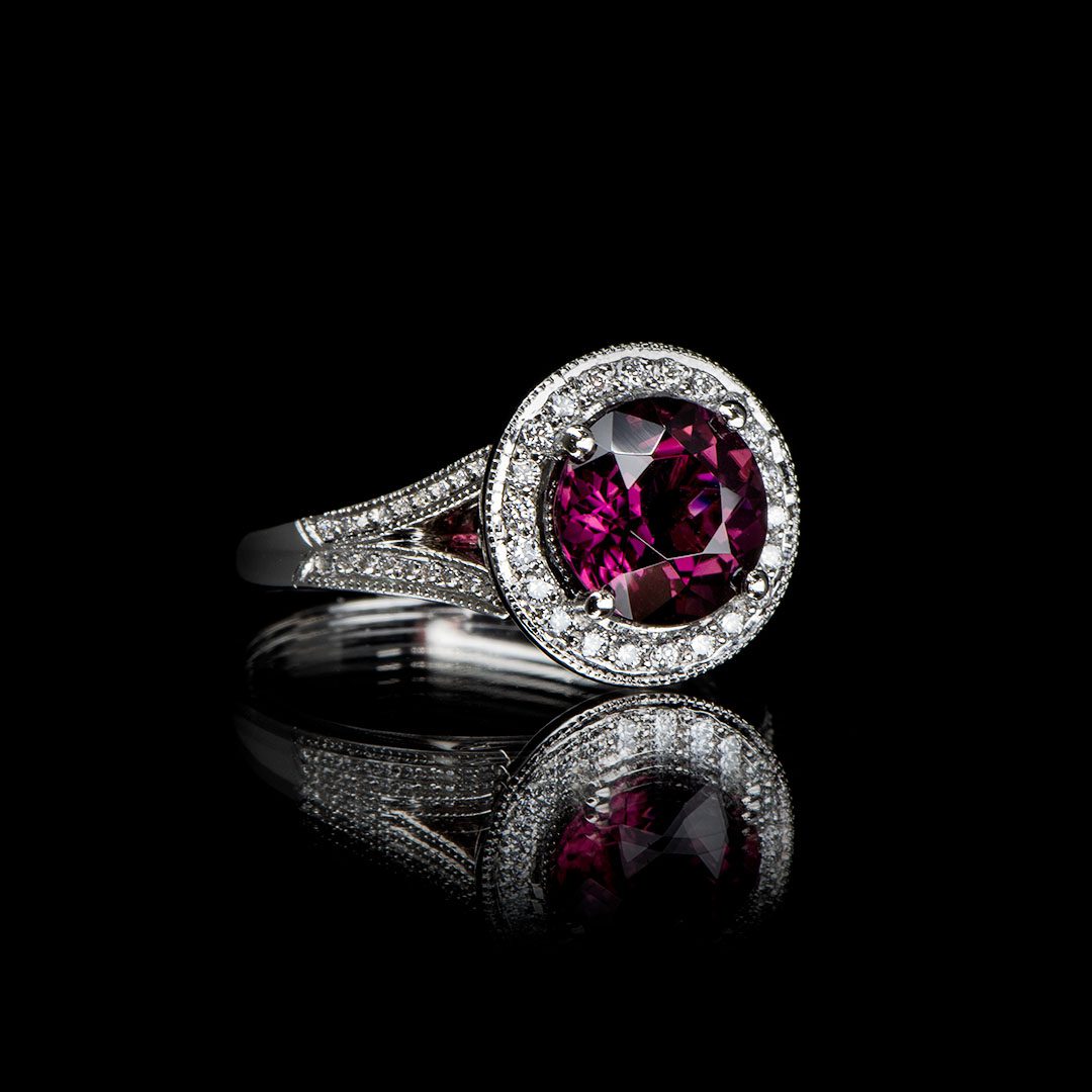 Round Rubellite and Diamond Cluster Ring handmade in platinum by Natalie Barney