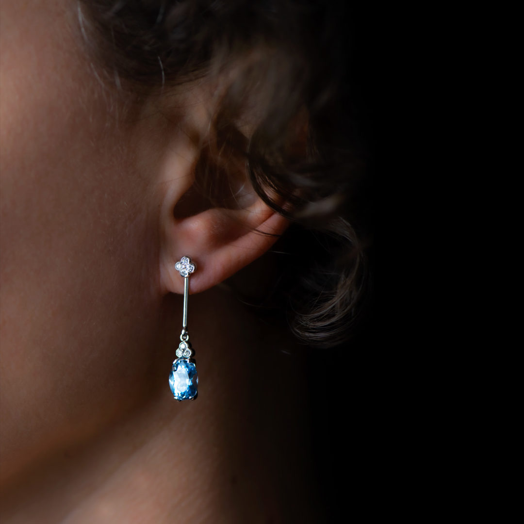 Oval Aquamarine and Diamond Long Drop Earrings handmade in white gold by Natalie Barney