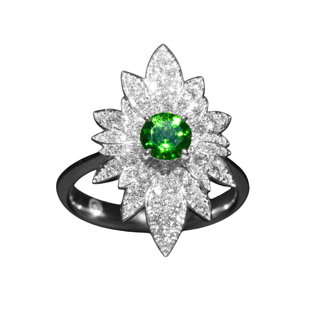 Emerald and Diamond Milgrain Cluster Ring in White Gold by Natalie Barney