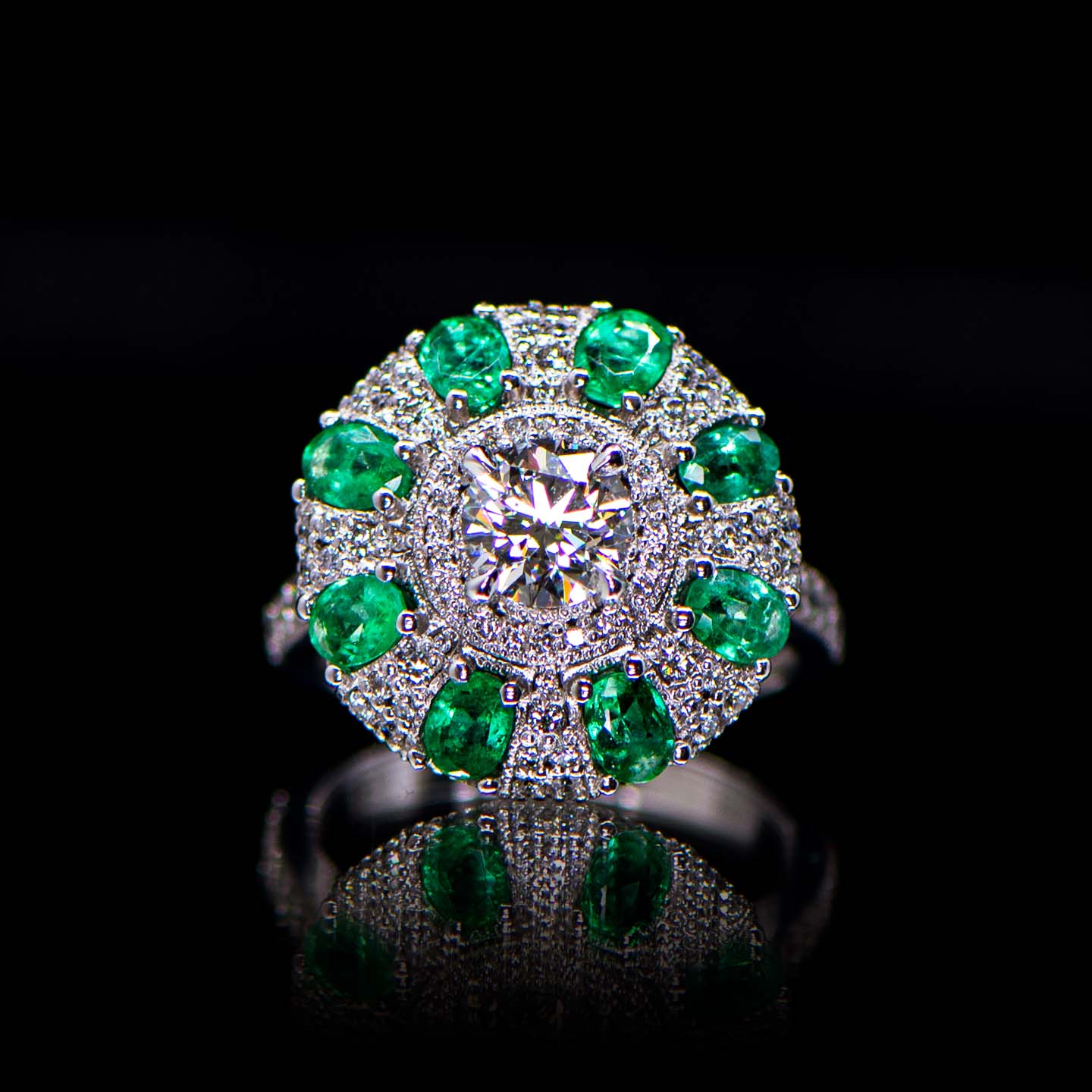 Emerald and Diamond Milgrain Cluster Ring in White Gold by Natalie Barney