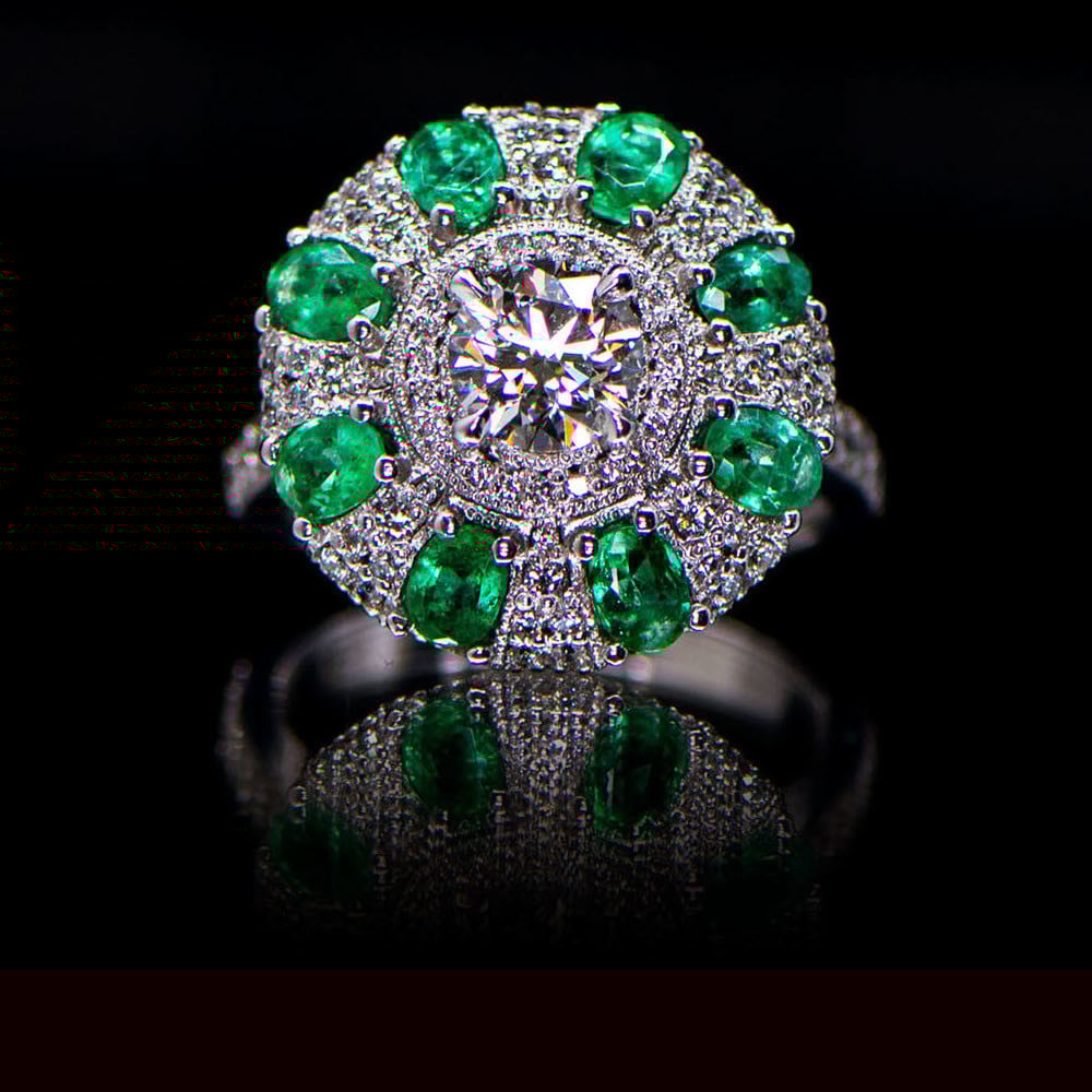 Emerald and Diamond Milgrain Cluster Ring in White Gold by Natalie Barney